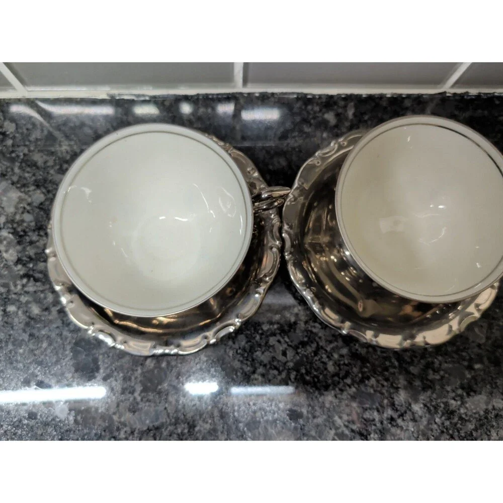 Vintage Bavaria Porcelain Silver White Germany 2 demitasse cups saucers